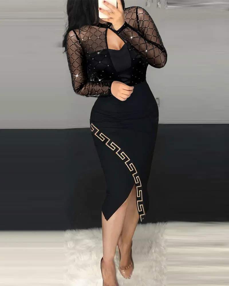 GEOMETRIC PRINT RHINESTONE SHEER MESH MIDI DRESS