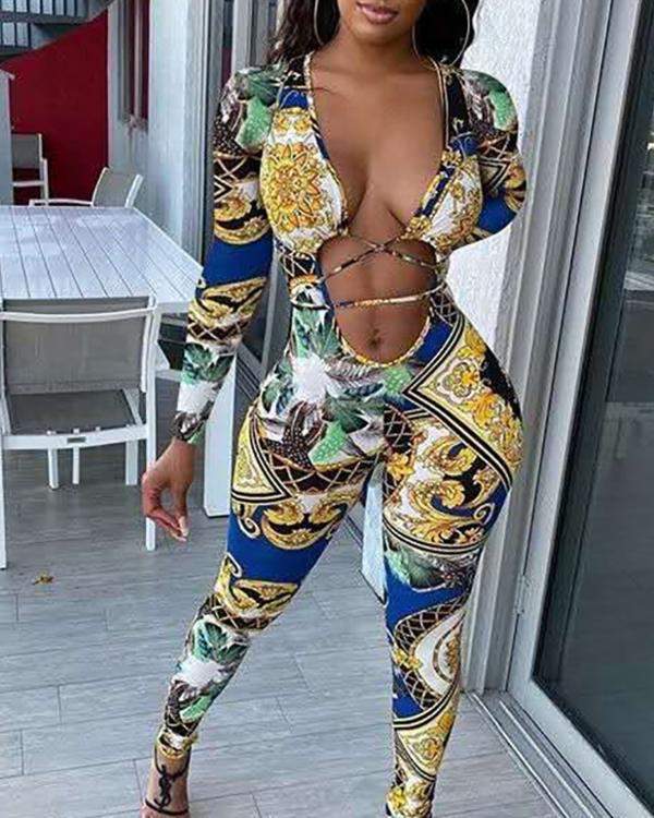 Plunge Long Sleeve Scarf Print Cutout Laceup Jumpsuit