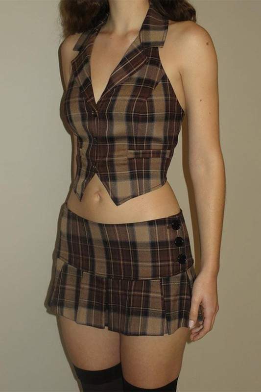 PLAID CROP TOP AND PLEATED MINI SKIRT SET