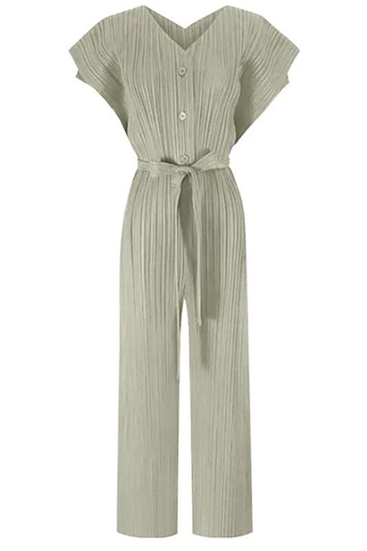 V NECK BELTED WIDE LEG JUMPSUIT
