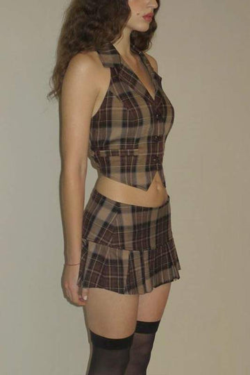 PLAID CROP TOP AND PLEATED MINI SKIRT SET
