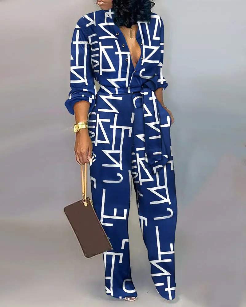 LETTER PRINT BUTTON FRONT BELTED JUMPSUIT