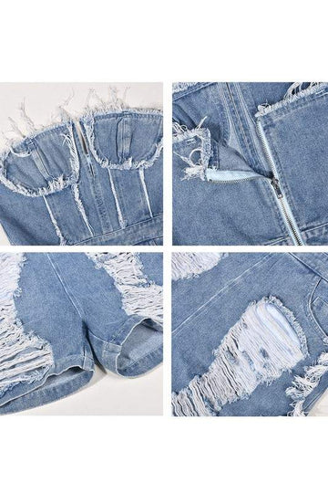 DISTRESSED DENIM ROMPERS