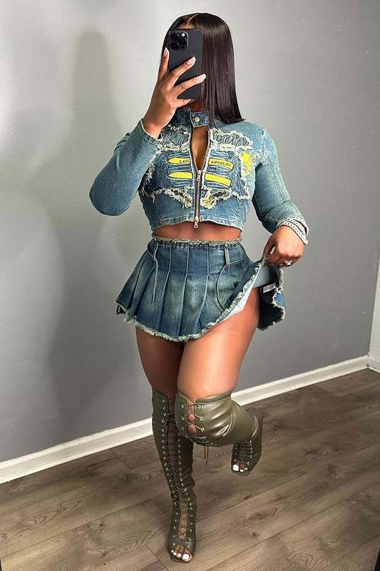 DENIM TOP AND PLEATED MINI SKIRT SET