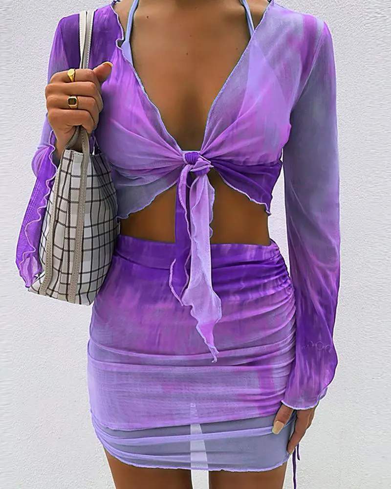 TIE DYE PRINT BELL SLEEVE TOP DRAWSTRING SKIRT SET