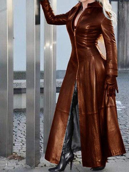  LONG TEMPERAMENT COMMUTER ZIPPER COAT PU LEATHER