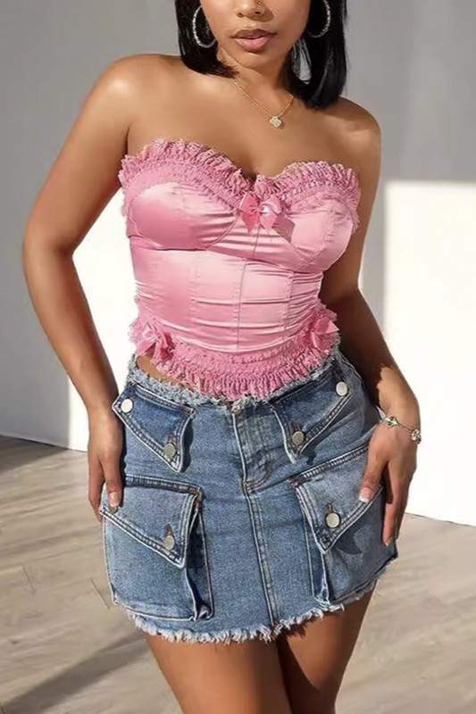 Frayed Hem Denim Skirt, Trendy Mini for Women