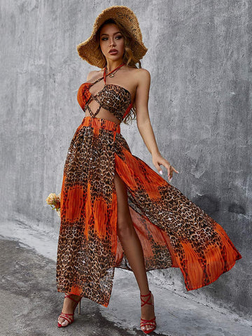 Versatile Leopard Print Halter Dress