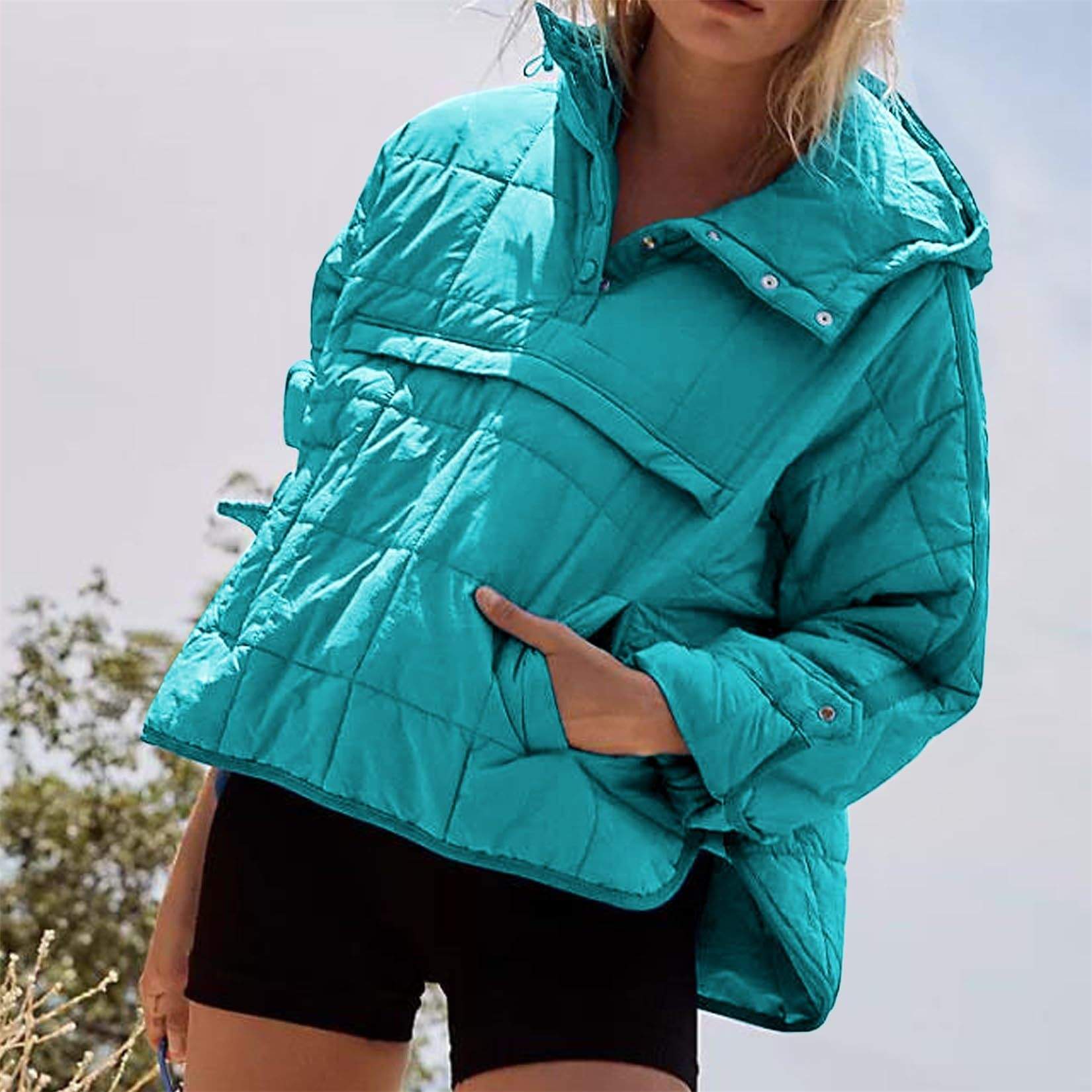 SOLID COLOR HOODED COTTON PADDED FOLDABLE PADDED PULLOVER POCKET LONG SLEEVE COAT FOR WOMEN