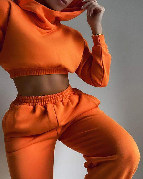 Long Sleeve Hooded Sweatshirt High Waist Pants Set