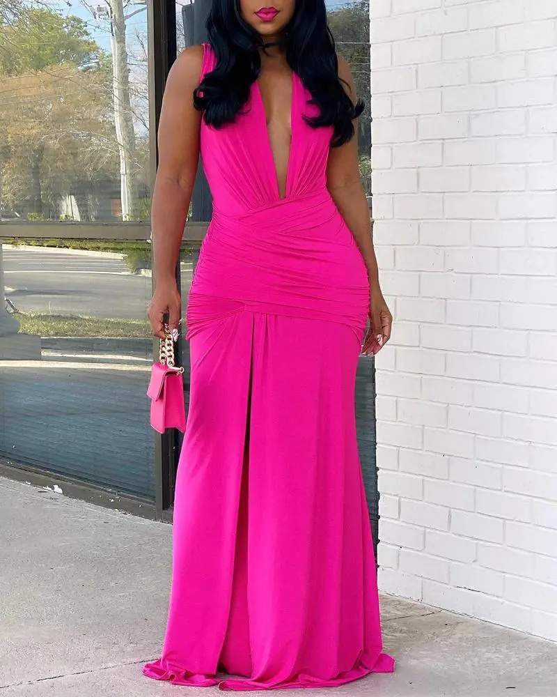 PLUNGING NECK RUCHED HIGH SLIT PARTY DRESS