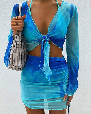 TIE DYE PRINT BELL SLEEVE TOP DRAWSTRING SKIRT SET