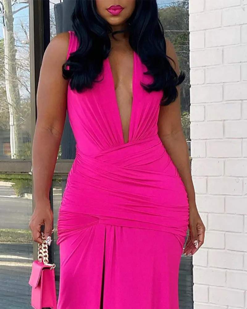 PLUNGING NECK RUCHED HIGH SLIT PARTY DRESS