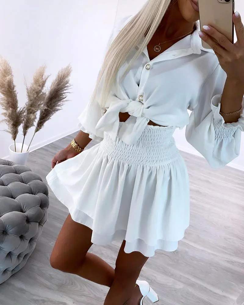 KNOTTED SHIRRED BUTTON TOP LAYERED SKIRT SET