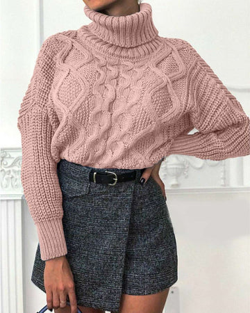 High Neck Solid Cable Knit Sweater