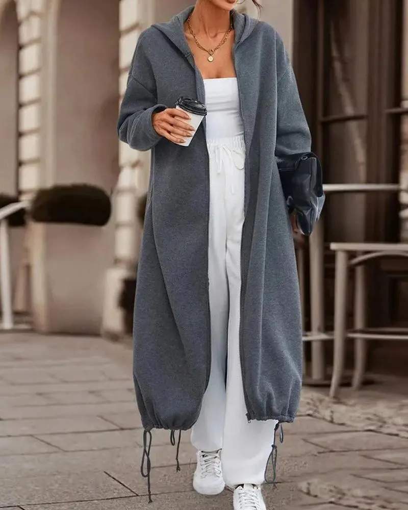 ZIP UP DRAWSTRING HEM LONGLINE HOODIE