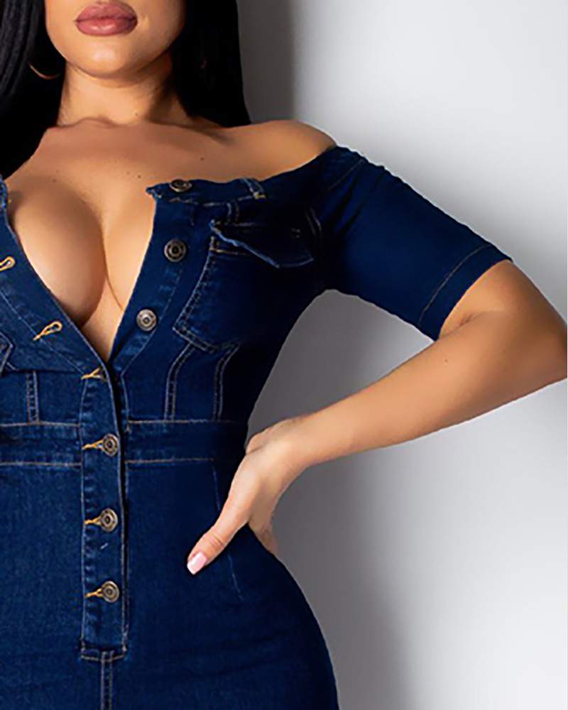 Off Shoulder VCut Button Front Denim Jumpsuit