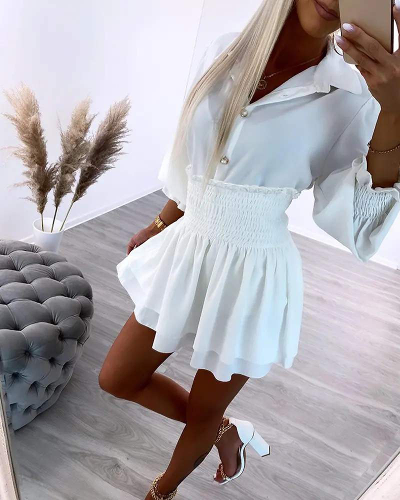 KNOTTED SHIRRED BUTTON TOP LAYERED SKIRT SET