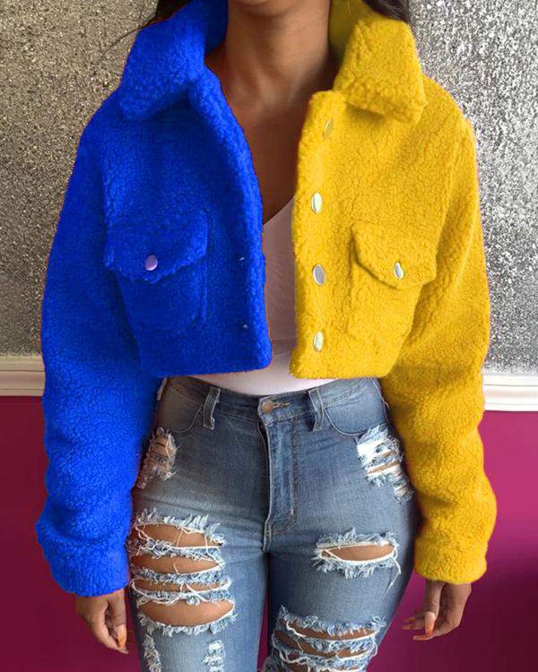 Colorblock Pocket Button Design Fluffy Crop Shacket