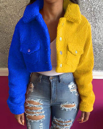 Colorblock Pocket Button Design Fluffy Crop Shacket