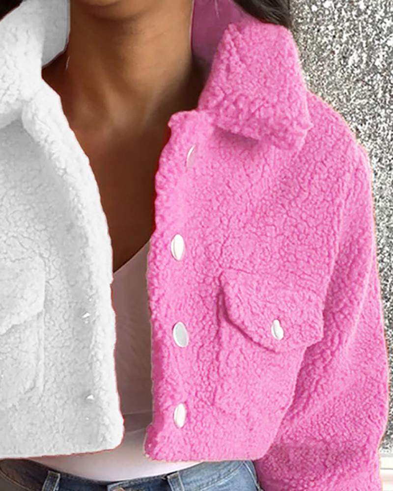 Colorblock Pocket Button Design Fluffy Crop Shacket