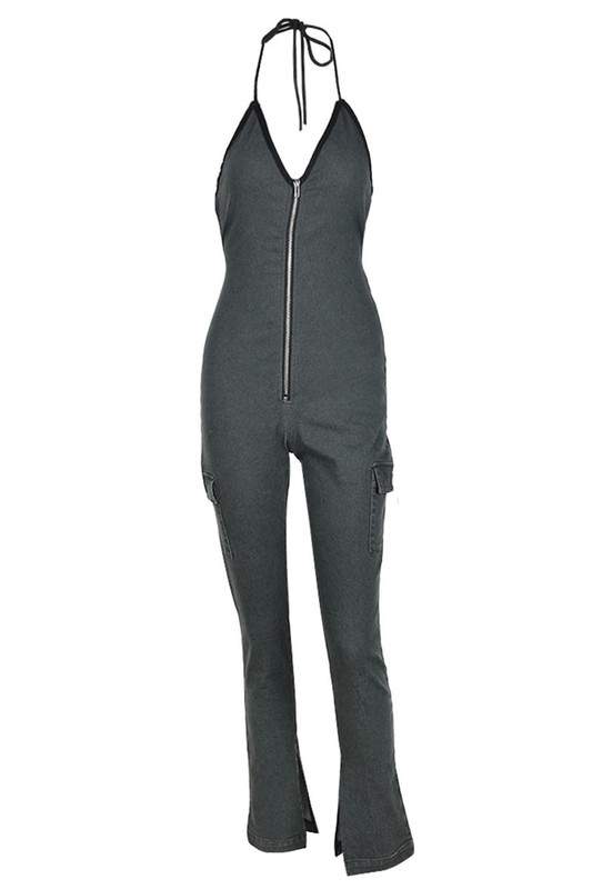 HALTER DARK GREY DENIM JUMPSUITS