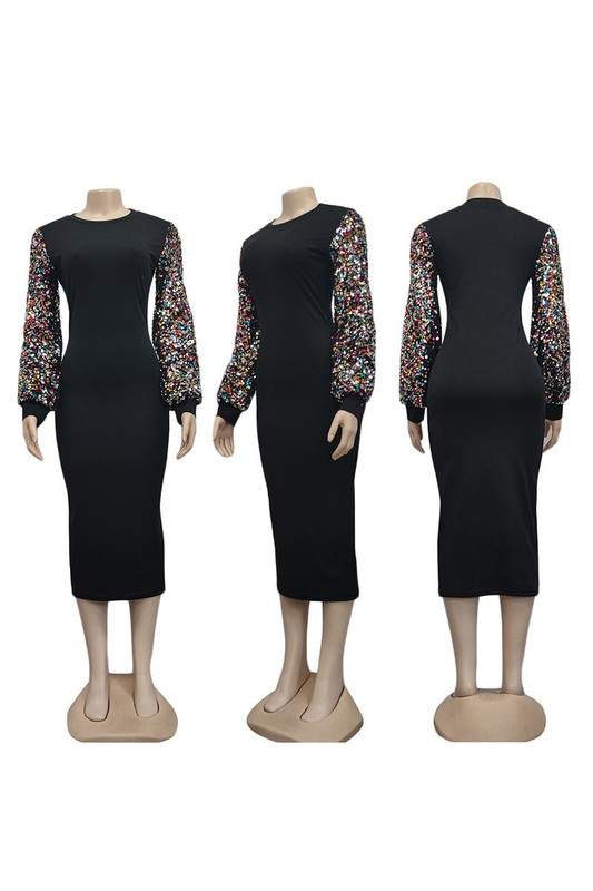 SEQUINS LONG SLEEVE MIDI DRESS