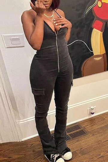 HALTER DARK GREY DENIM JUMPSUITS