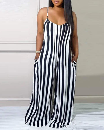 STRIPED PRINT SPAGHETTI STRAP WIDE LEG JUMPSUIT