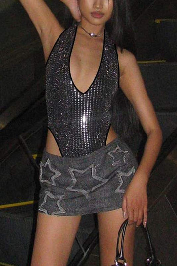 HALTER SEQUINS BODYSUIT TOP