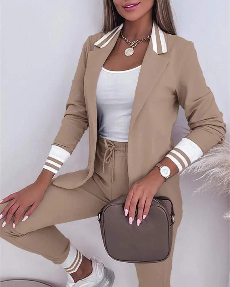 STRIPED NOTCHED COLLAR BLAZER COAT DRAWSTRING PANTS SET
