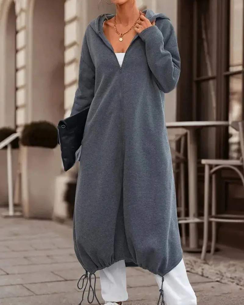 ZIP UP DRAWSTRING HEM LONGLINE HOODIE