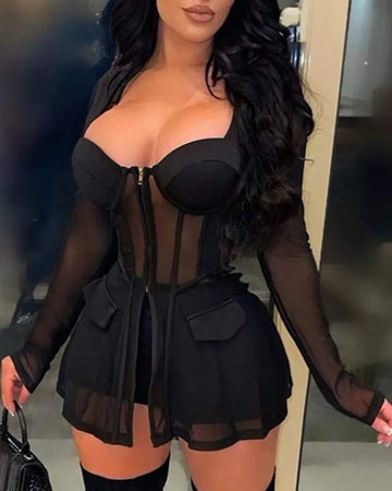 ZIPPER POCKET DESIGN SHEER MESH TOP SHORTS SET