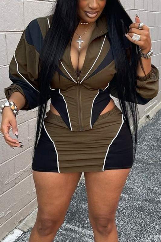 COLORBLOCK ZIPPER IRREGULAR COATS SKIRT SET