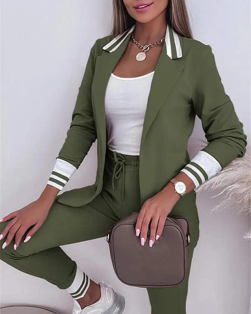 STRIPED NOTCHED COLLAR BLAZER COAT DRAWSTRING PANTS SET