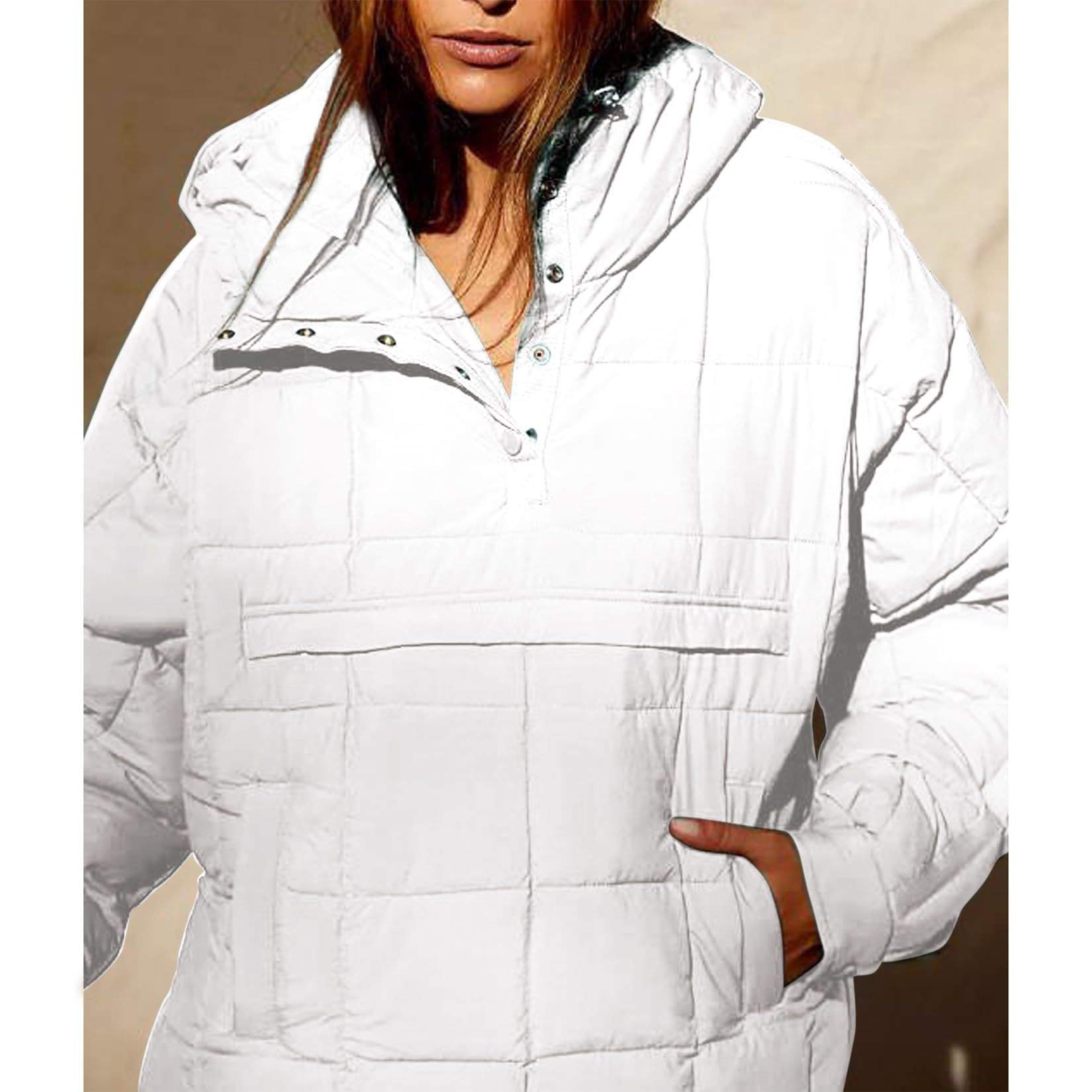 SOLID COLOR HOODED COTTON PADDED FOLDABLE PADDED PULLOVER POCKET LONG SLEEVE COAT FOR WOMEN