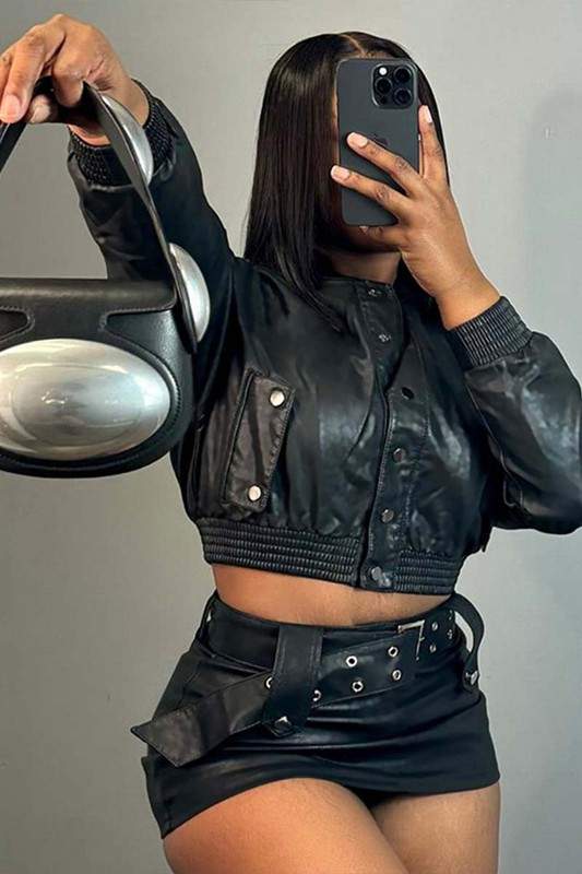 PU LEATHER CROP JACKET AND MINI SKIRT SET