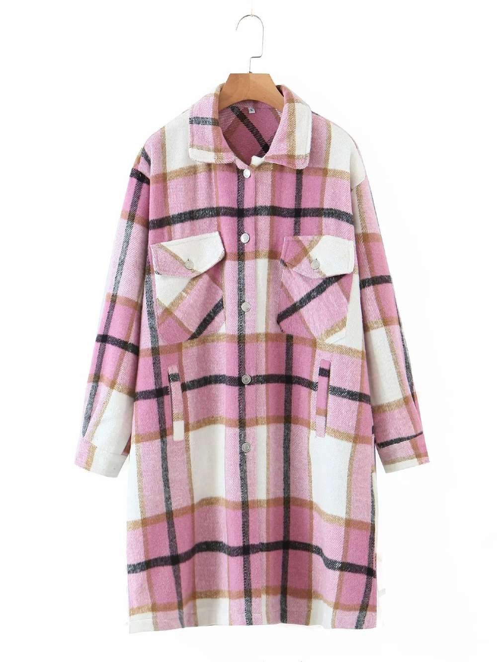 PLAID WOOLEN LONG COAT WITH POCKET