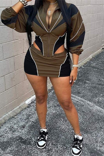 COLORBLOCK ZIPPER IRREGULAR COATS SKIRT SET