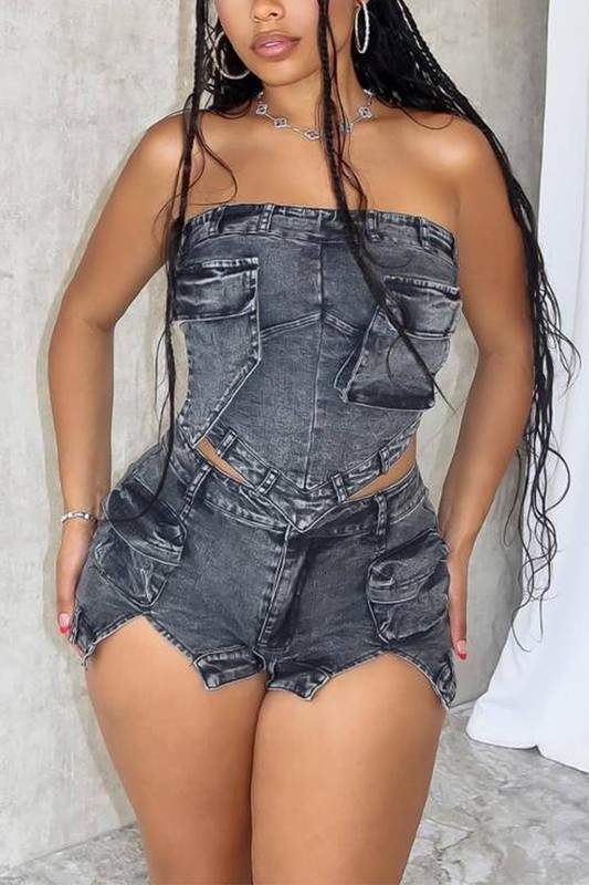 DENIM TUBE CROP TOP AND SHORTS SET