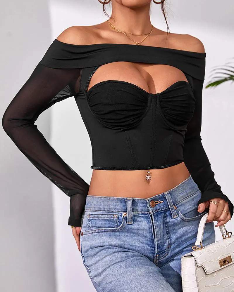 CONTRAST MESH OFF SHOULDER CUTOUT CROP CORSET TOP