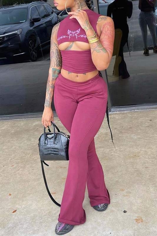 CUTOUT PRINTED TOP PANTS SET