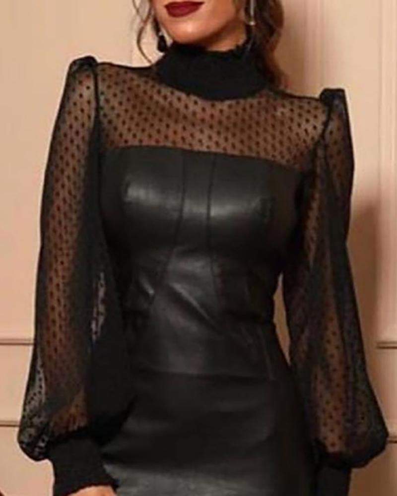 Faux Leather Mesh Dot Midi Dress