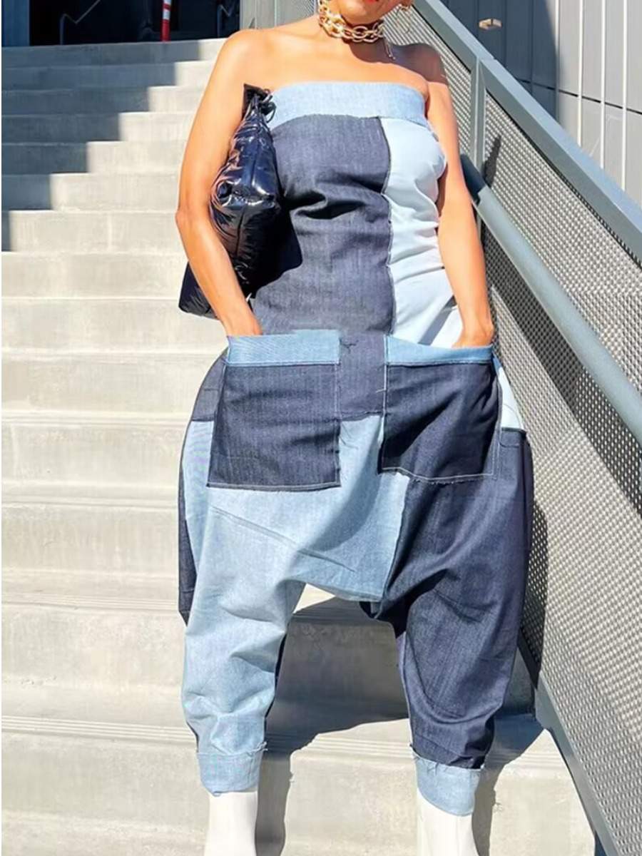 OFF THE SHOULDER PATCHWORK HARLAN DENIM JUMPSUI