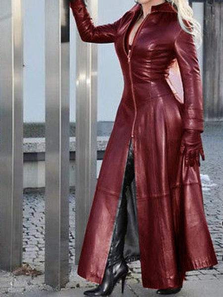  LONG TEMPERAMENT COMMUTER ZIPPER COAT PU LEATHER