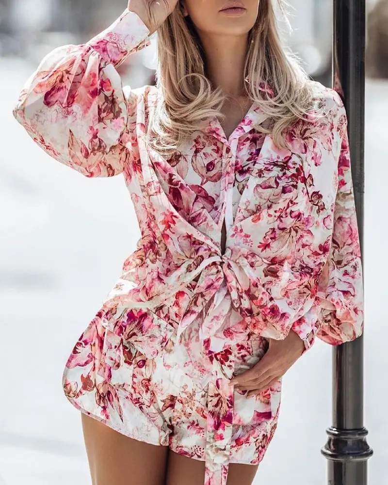 FLORAL PRINT LANTERN SLEEVE TIE FRONT TOP SHORTS SET