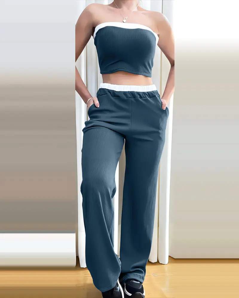 CONTRAST BINDING BANDEAU RIBBED TOP POCKET DESIGN PANTS SET