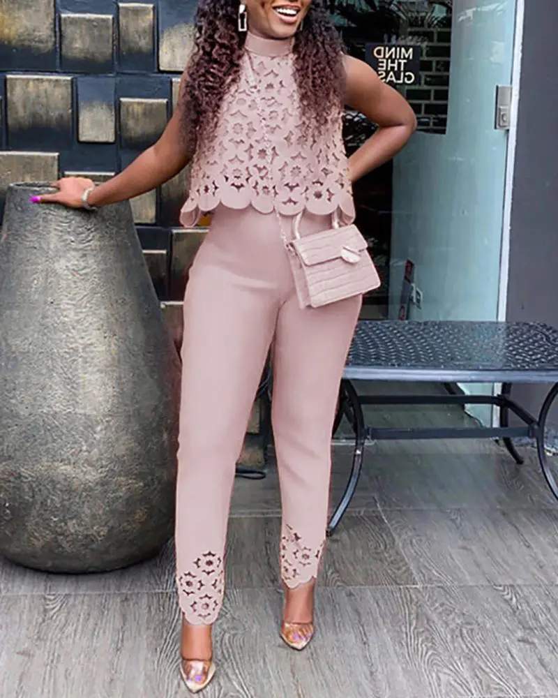 HOLLOW OUT SLEEVELESS CASUAL TOP PANTS SET