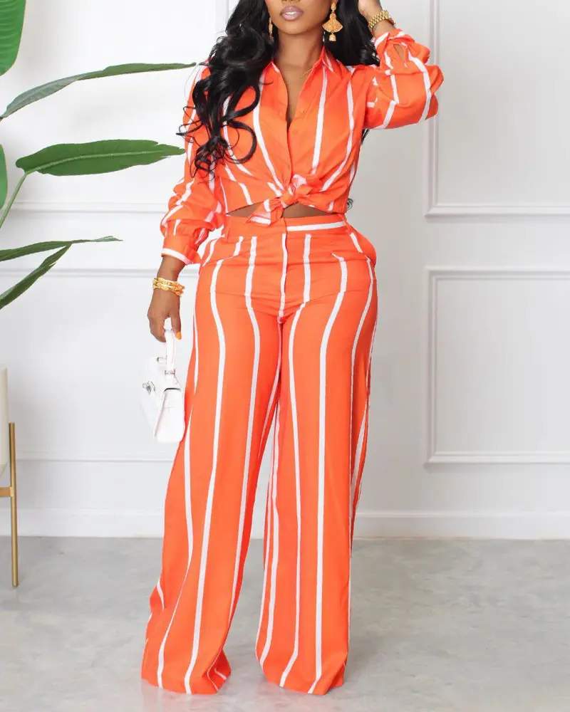 STRIPED LONG SLEEVE BUTTON DOWN SHIRT PANTS SET