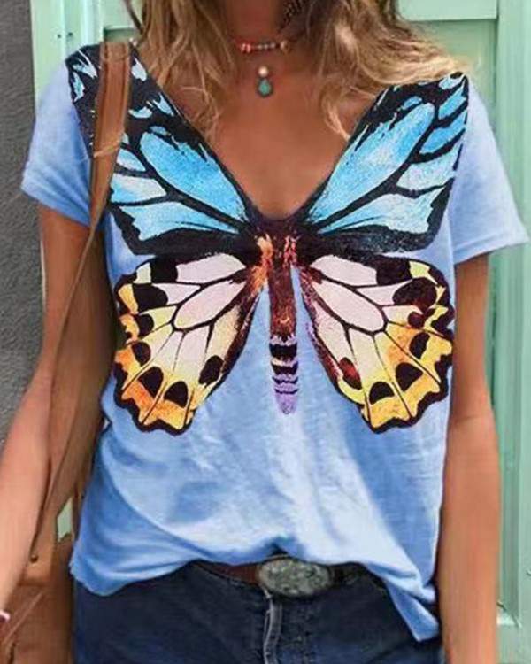V-Neck Butterfly Print T-Shirt
